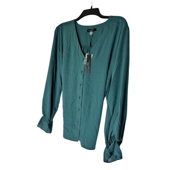 Tahari Womens Blue Green V Neck Button Front Long Sleeve Blouse Plus Sz 2X New - Picture 3 of 9